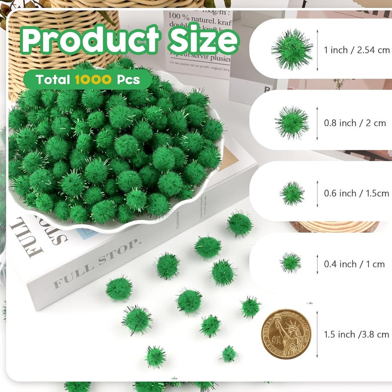 NACHLYNN 1000 Glitter Pom Poms Bulk 4 Sizes Assorted Soft Fluffy Pom Poms for Crafts DlY Decorations Activities with A Storage Bag (Green) - Image 2